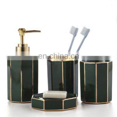 Latest Popular dark green European style bathroom ceramic accessory set delicate 4 piece bathroom ceramic set