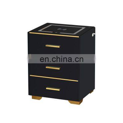 Smart Bedside Table Fridge, Modern Style Durable Wooden Bedside Tables With Glossy Black Steel Safe