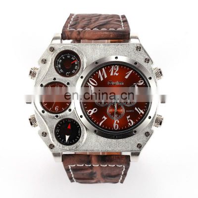 OULM 1349 Men Compass Watch Leather Strap Dual Time Big Face Quartz Watch Relogio Masculino