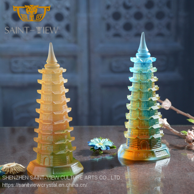 High Quality Casting Colored Glass Feng Shui Liuli Craft Wenchang Tower photo-4