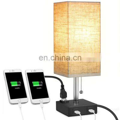 Amazon cross-border simple square linen table light pull switch bedside lamp USB charging table lamp