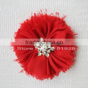 Shoes flat frayed flower in 15 colors -3" Star Shaped Rhinestone Centers Fabric Chiffon Flower -Wedding decorative flowers