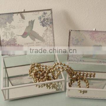 glass box with bird printing