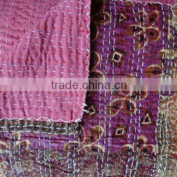 Patchwork Kantha Quilt, Handmade Kantha Silk Bedsprea