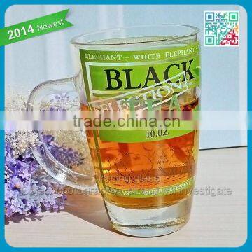 Circled Logo Glass Tea Cups Big Size Glass Tea Mug with Handle