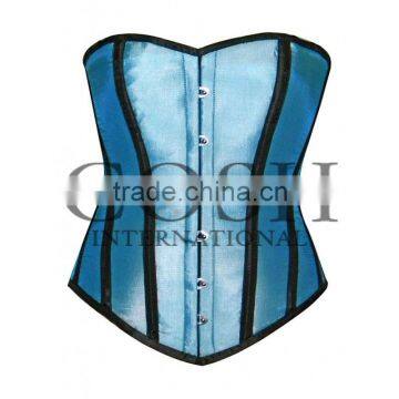 Overbust steel boned corset in blue-black satin Ci-1116