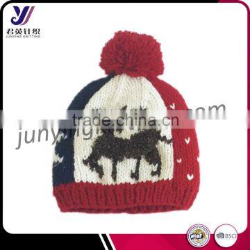 Cheap winter women jacquard elk knitted beanie hat with pom pom wholesale designer hats factory sales(can be customized)