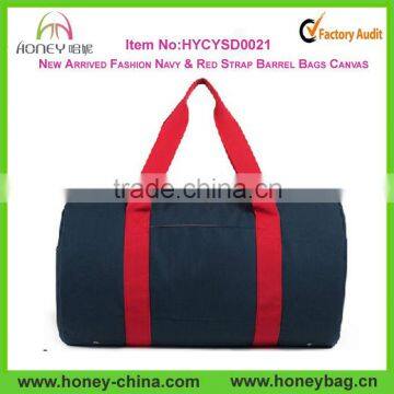 Wholesale Barrel Gym Bag In Canvas Navy & Red Strap