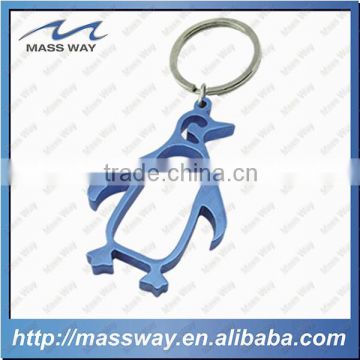 custom aluminum blue color penquin shape bottle opener keyring