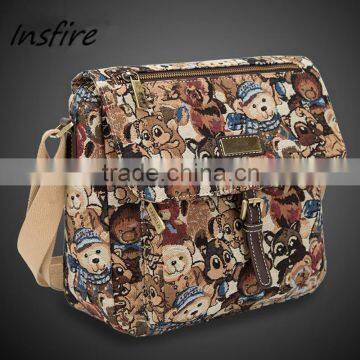 bear print canvas vintage messenger bags crossbody sling bag