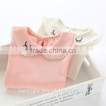 Embroidery lace cotton long sleeve round collar T shirt for girls