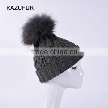 High quality wool knitted beanie hat with big raccoon fur ball pompoms on top for ladies grey color KZ160076