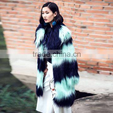 Wholesale Winter Contrast Color Long Hair Goat Fur Coat for Fashion Women