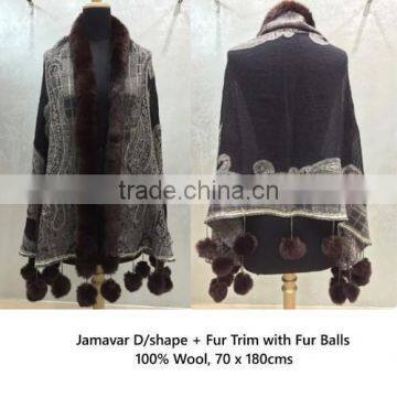 Wool Jamavar D/Shape Fur Trim shawls with Fur balls