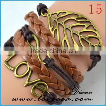 Fashion simple metal plate leather bracelet with owl Charm