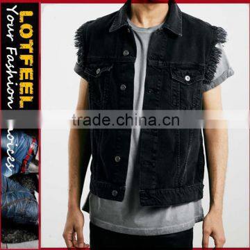 Cool Mens black Denim Jeans Jacket Men's Casual Jean Coat rock black denim jeans vest(LOTJ151)