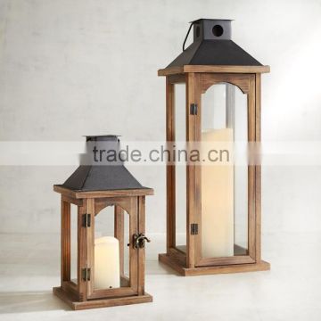 Wooden Lantern Set Of 2 | Wooden Lantern With Metal Top