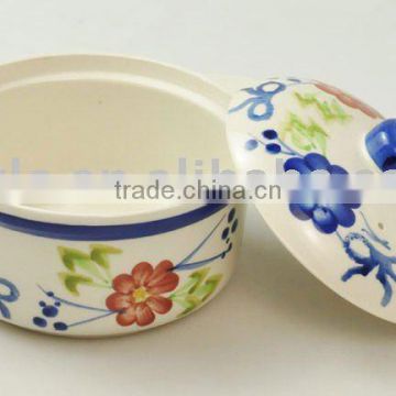 Ceramic round casserole, hand-painted pot with handles