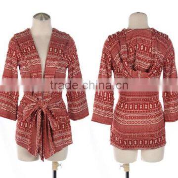 women lady TRIBAL PRINT HOODED OPEN JACKET WITH WAIST TIE