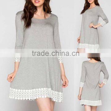 designer one piece short dress SOLID 95% RAYON 5% SPANDEX JERSEY KNIT ROUND NECK LACE CROCHET TRIM CASUAL DRESS beach kaftan