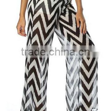 ladies pinkclubwear mid rise wide leg chevron print chiffon palazzo pants