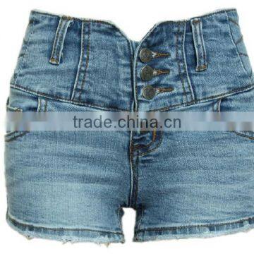 Best Selling Women Fashion High Waist Buttoned Slim Fitting Plain Dyed Worn Hem Jean Short Pants photo-3