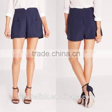 New Style Women Fancy Navy High Waist Pocket Tailored Shorts photo-6
