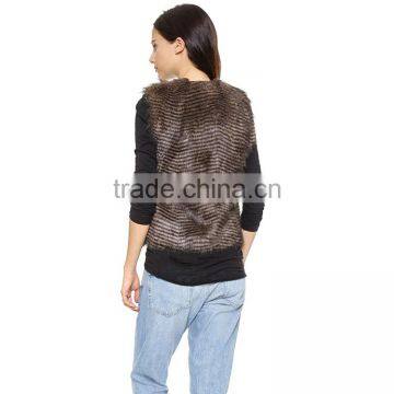 HAODUOYI Women Brown Gradient Oversized Stripe Faux Fur Waistcoat photo-3