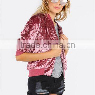 MGOO Custom Label Tag Women Outwear Zip Up Ribbed Trim Velvet Bomber Jacket Coat Pink photo-4