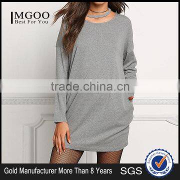 MGOO Grey Knit Shift Dress Long Sleeves Drop Shoulder Vestidos Heather Plain Loose Oversized Dress Fashion