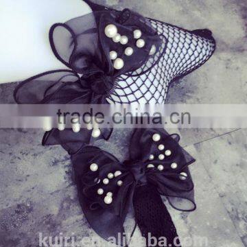 WS-36 2017New Hot Women Ruffle Large Fishnet Ankle High Socks Bow Tie Hollow Out Thin Mesh Lace Fish Net Short Socks photo-2