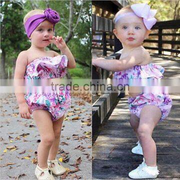 S33502W Baby Girls Summer Floral Wrapless Tops + Ruffle Shorts 2 Pieces Clothing Sets photo-2