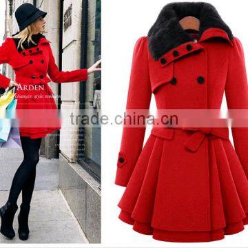 Women's Fashion Faux Fur Lapel Double-breasted Thick Wool Trench Coat Jacket