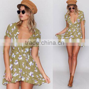 Wrap Over Short Sleeved Sexy Women Dresses Ladies Tie Cuff Floral Casual Dress photo-6