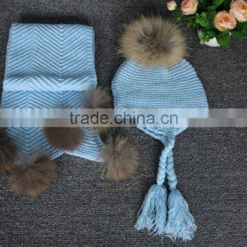 Wholesale high quality knitted adults winter hat and scarf set raccoon fur ball decoration