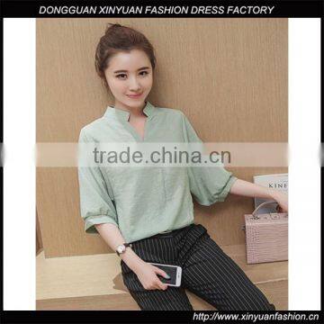 Korean V Neck Linen Shirt Fabric Slim Blouse Girls Casual Loose Top Shirts For Ladies