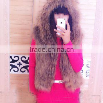 SJ129-01 Natural Raccoon Fur Vests Lady Fashion Knitting European Sleeveless Jackets with Fur Hood