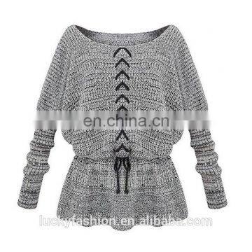 Women Grey Puff Sleeve Knit Jumper Sweater with Drawstring Detail