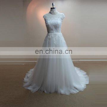 Graceful Scoop Neck Cap Sleeve Lace Applique Wedding Dress Chapel Train