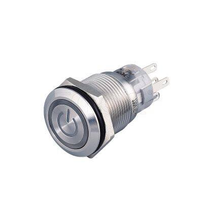 ip67 19mm flat head ring power symbol blue led 220v 1no1nc push button switches self recovery
