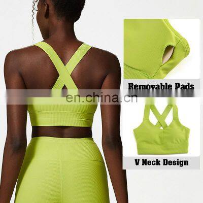 Hot Sale Ribbed Cross Back Yoga Bra Sexy High Impact Training Sports Bra Top Women Workout Running Gym Wear Outfit