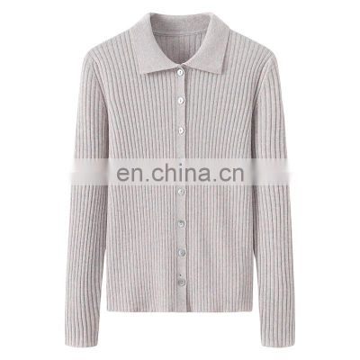 Hot Sale Women's Pure Cashmere Cardigan Sweater Button-Up Turn down Collar Rib Knit Solid Casual Style for Winter