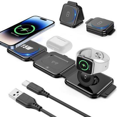 3 in 1 Fast Wireless Charging Station Compatible with Phone 15-12 Series Earphone 3-2 Watch 9-SE Foldable Pad Wireless Charger