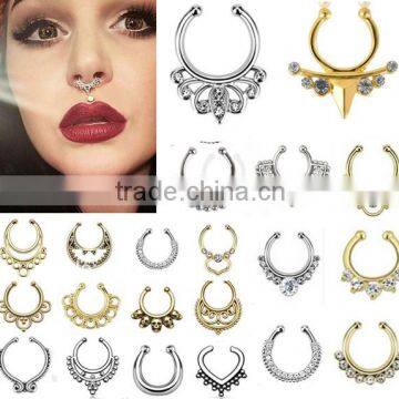 New Rhinestone Non Piercing Hanger Clip On Jewelry Fake Septum Clicker Nose Ring