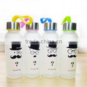 300ml creative dull polish mustache glass bottle mustache uncle fashionable portable water glass bottle with Stainless Steel lid