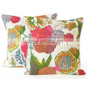 White Flower Prints kantha Work Cushion covers-Tropicana Handmade Fruit Print Kantha pillows