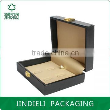 Black wooden leather jewelry box with metal lock for ring