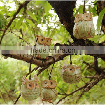 Wholesale decorative ceramic crafts ceramic owl ornaments with rope