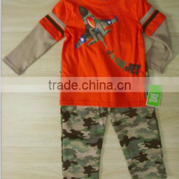 False two-piece sleeve boys 100%cotton long sleeve T-shirt with camo pant suit