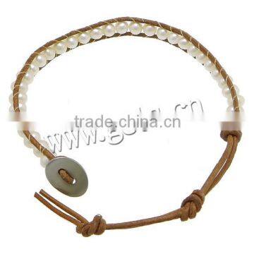 Glass Pearl Wrap Bracelet, With Cowhide, Brass Clasp photo-3